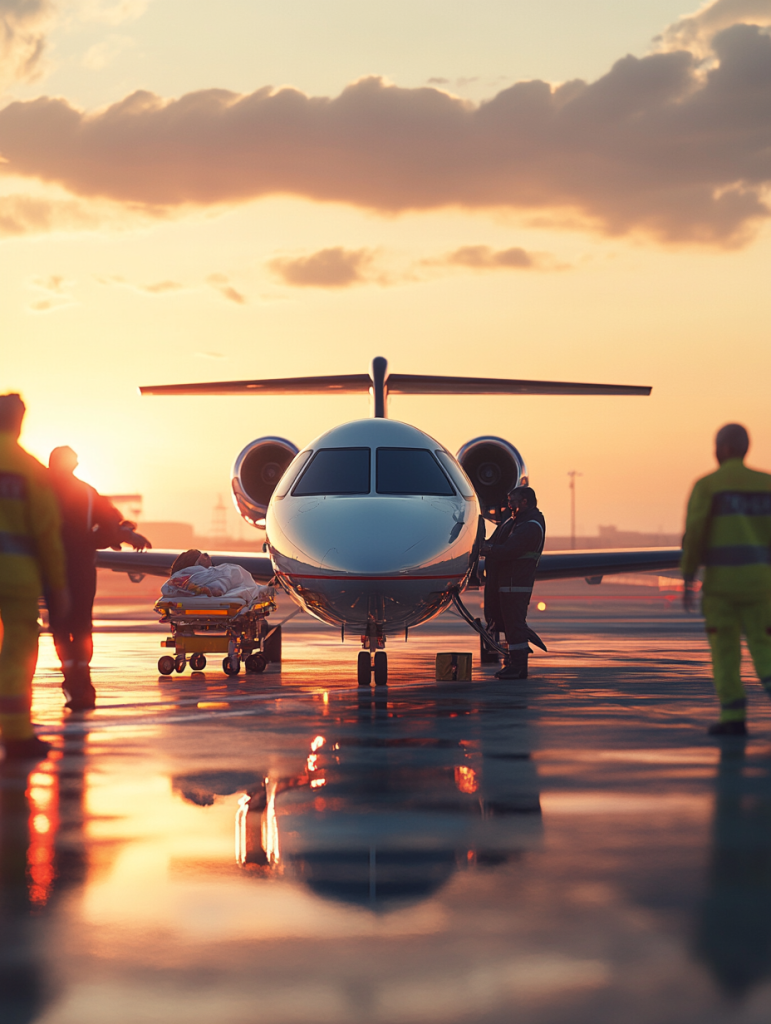 Unser medizinisches Team bereitet einen Patienten für den Rücktransport an Bord eines Ambulanzflugzeugs.